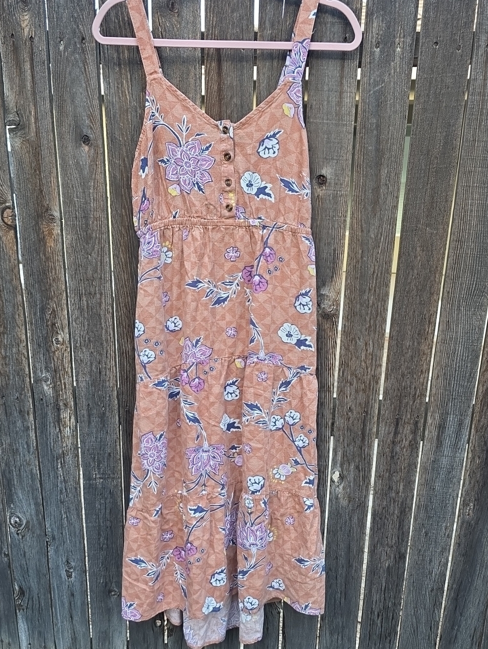 Sonoma Dusty Peach Light Rust Floral Midi Dress 55% Linen Pockets